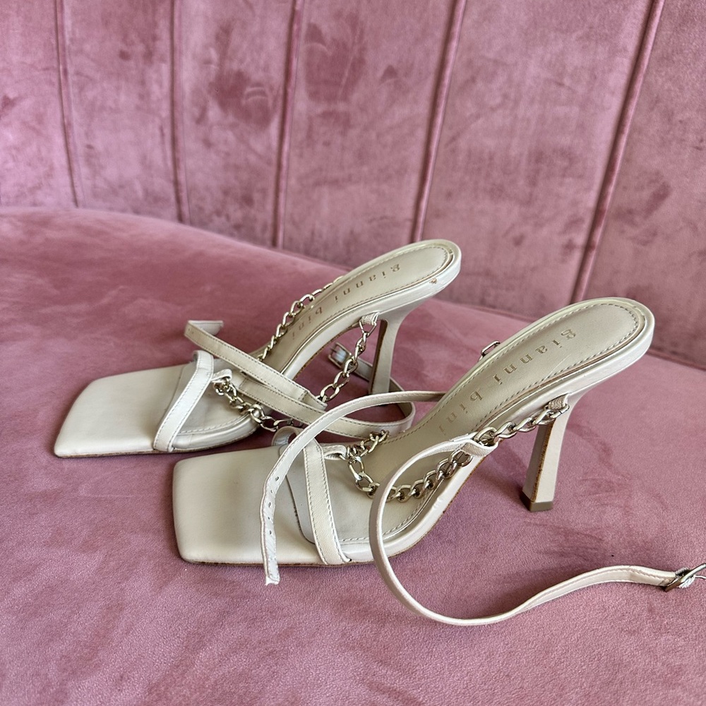 Gianni Bini Cream Strappy Heels with Chain Accent